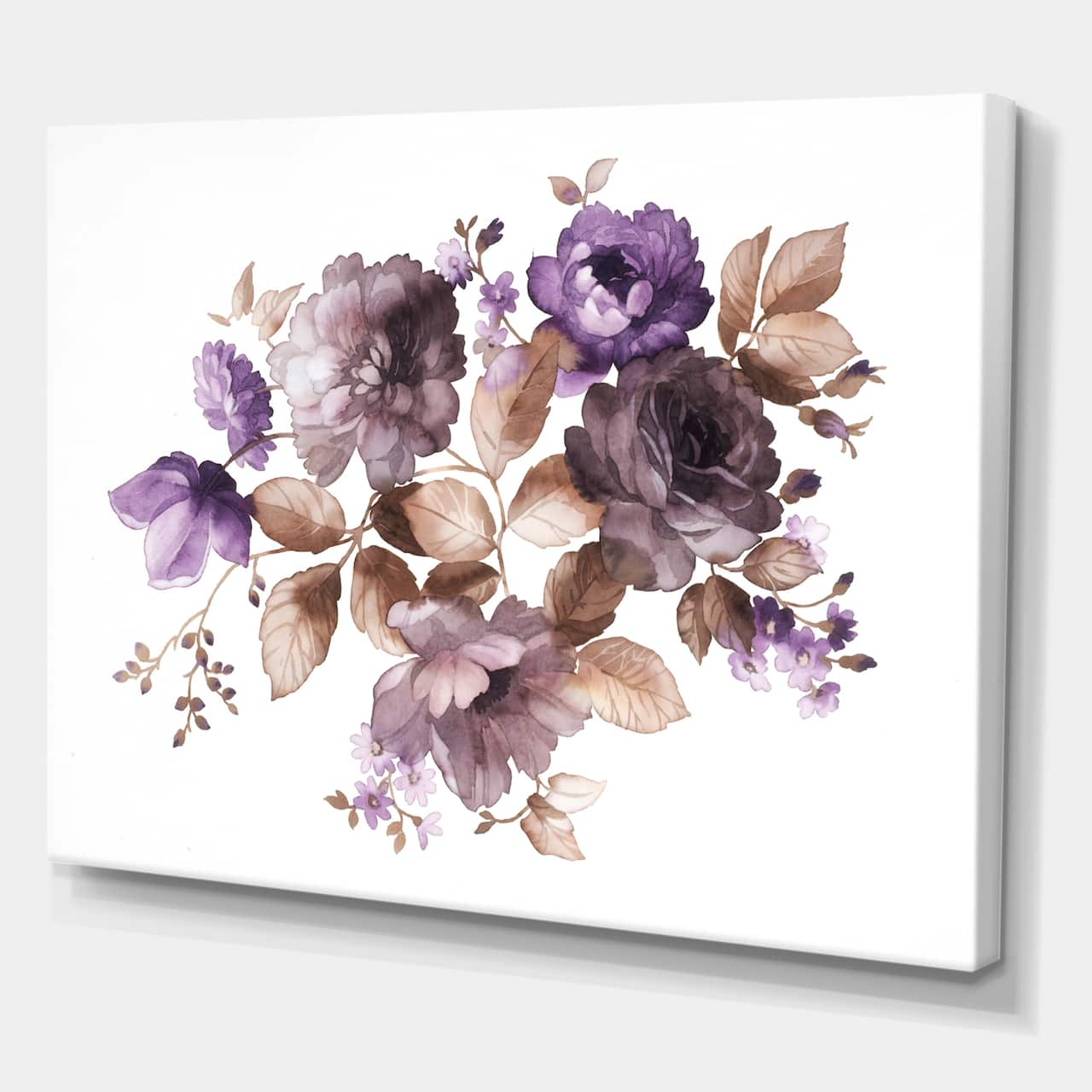Designart - Purple Retro Flowers With Brown Leaves - Traditional Canvas Wall Art Print